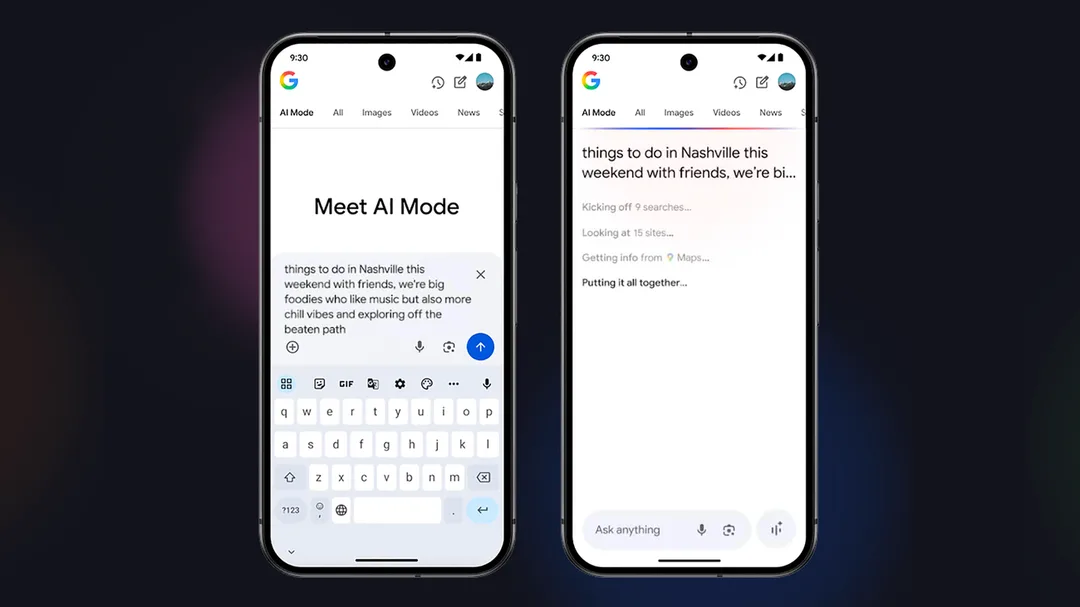 兩部 Android 手機顯示 Google AI Mode 輸入問題同產生答案嘅畫面