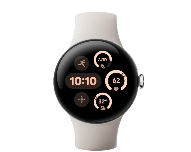 Google Pixel Watch 官方產品圖，圓形錶面顯示步數同心率資料