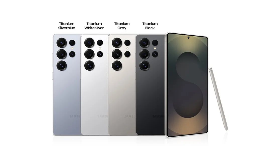 多款顏色嘅 Galaxy S25 Ultra 並排展示機背同鏡頭