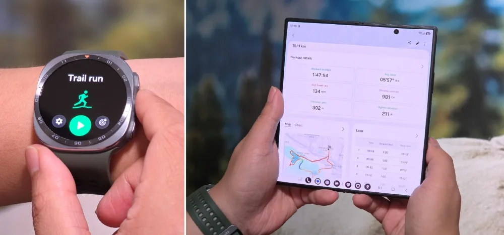 Galaxy Watch Ultra2 顯示 Trail Run 模式，旁邊手機展示跑山路線同運動數據