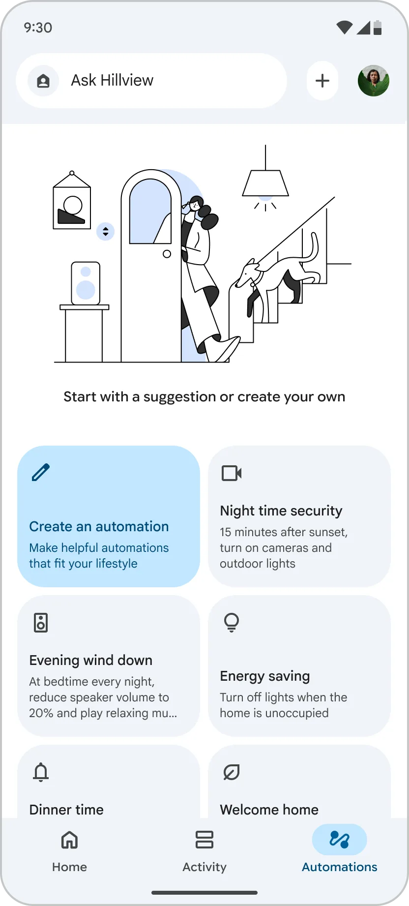 Google Home app 入面 Suggested Automations 建議自動化畫面