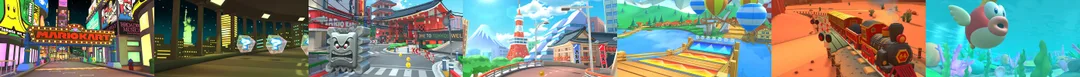 Mario Kart Tour 官方產品頁上多條城市同經典賽道拼圖