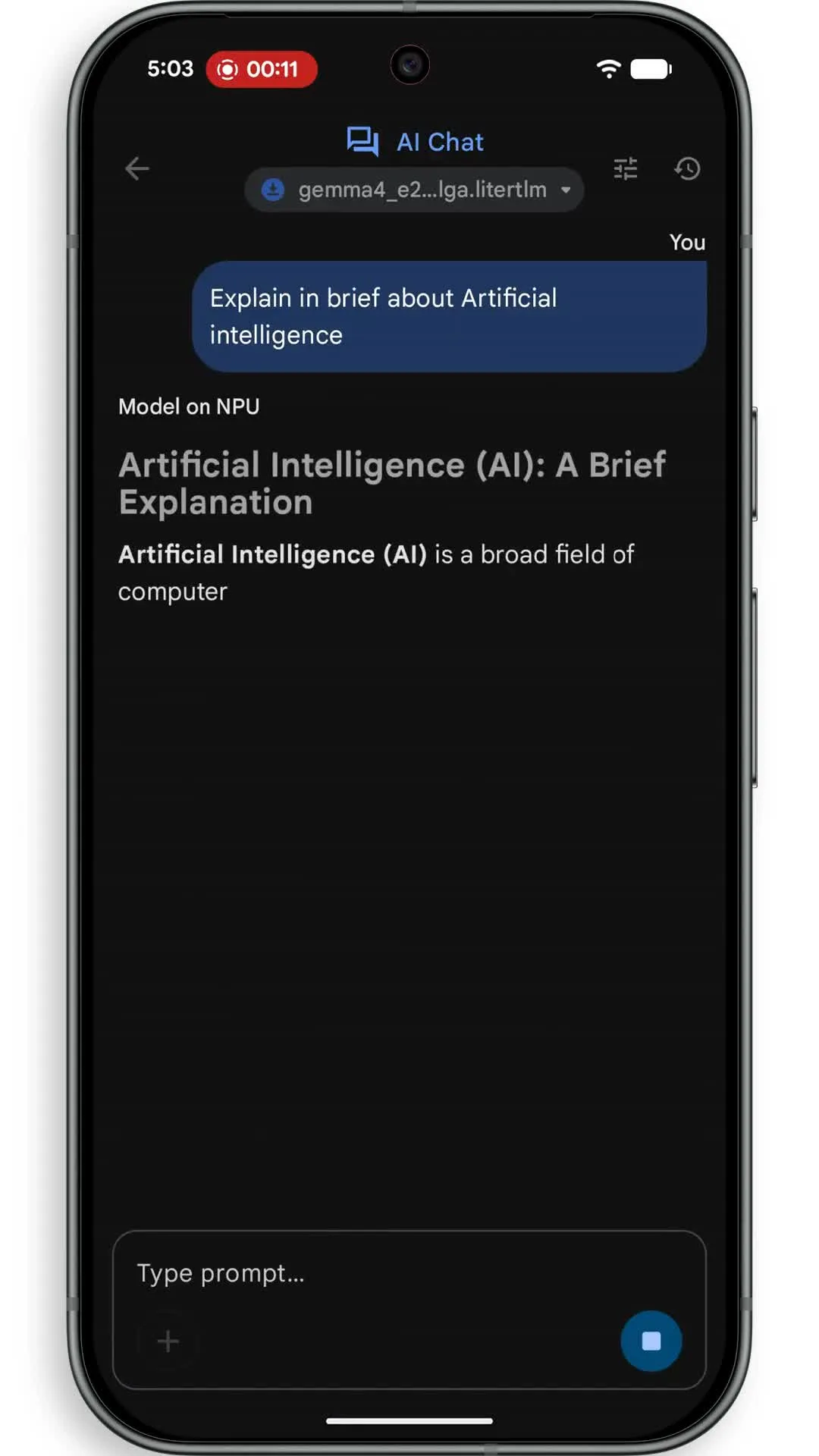 Pixel 手機開住 Gemma 4 E2B 離線 AI Chat，畫面標示 model 喺 NPU 執行