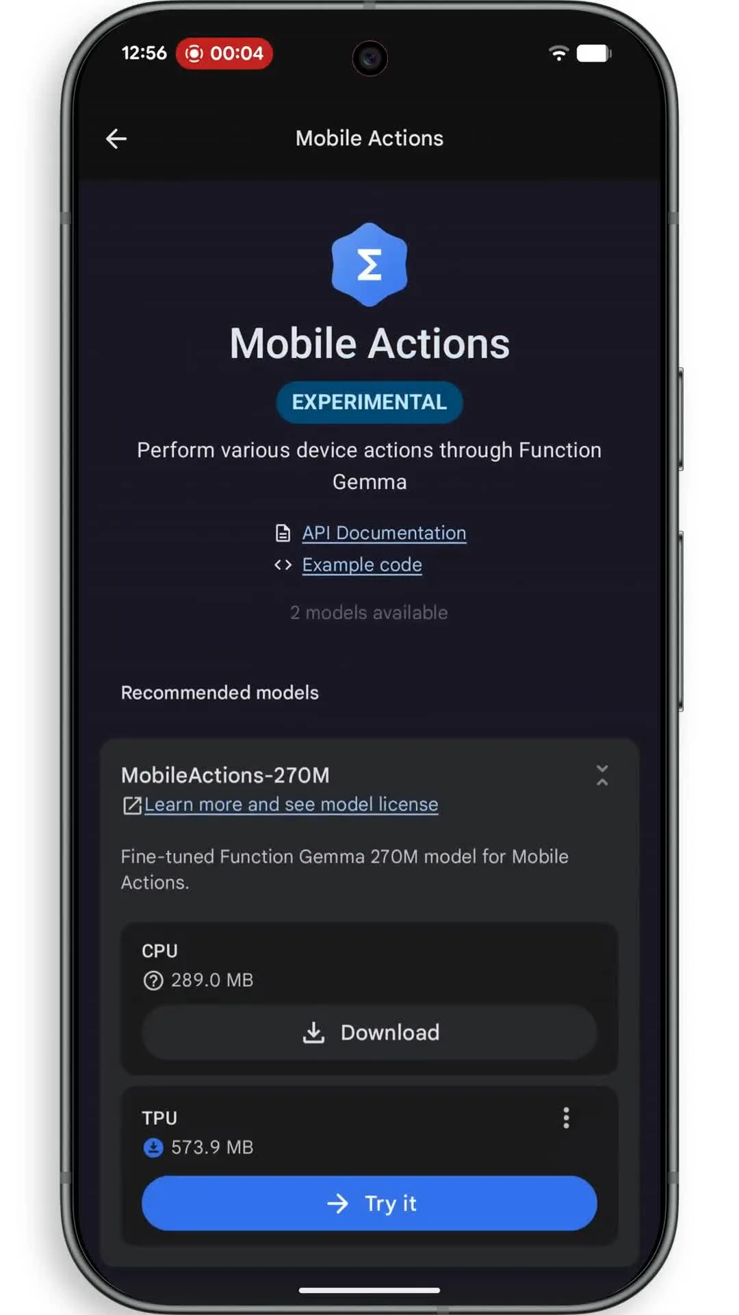 Mobile Actions 實驗介面列出 FunctionGemma 嘅 CPU 同 TPU 版本