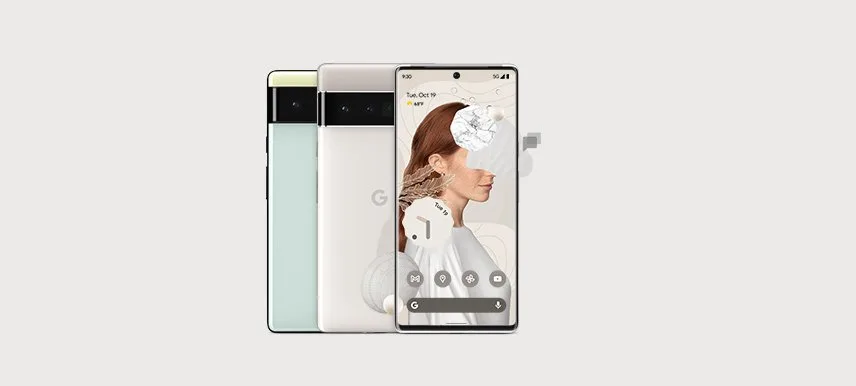三部唔同顏色嘅 Pixel 6 同 Pixel 6 Pro，展示正面螢幕同背面橫向相機帶