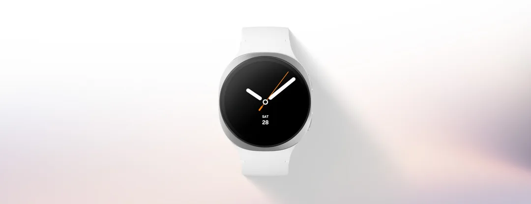 Samsung Galaxy Watch8 官方產品圖，顯示手錶正面同錶帶