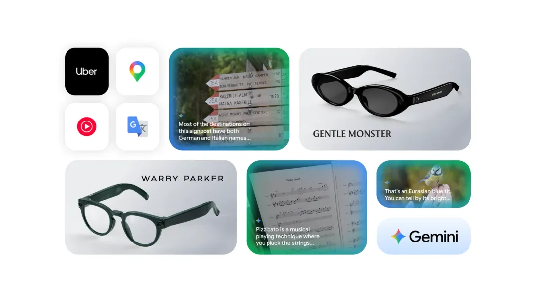 Gentle Monster 同 Warby Parker Android XR 眼鏡及功能介面合成圖