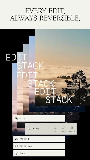 Snapseed 官方產品頁示範可逆編輯同 edit stack 嘅手機畫面