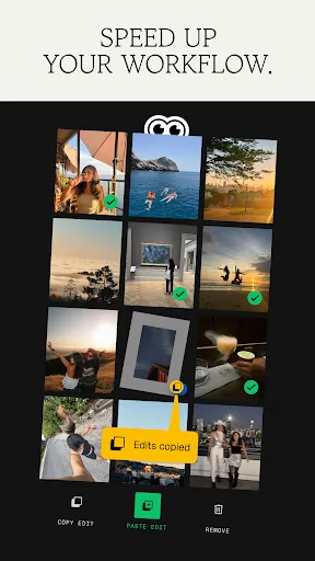 Snapseed 官方產品頁示範批次套用編輯嘅相片圖庫畫面