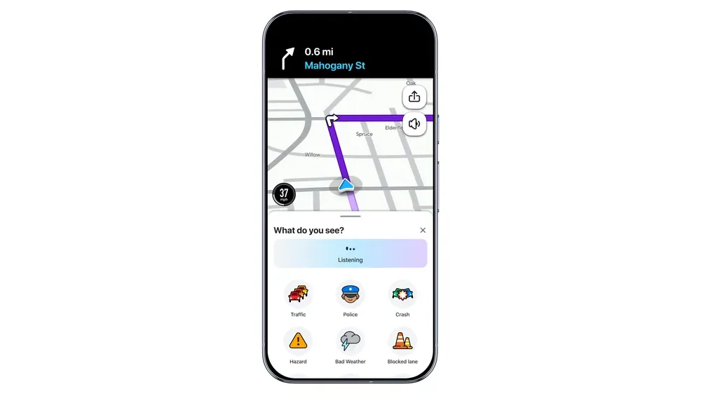 Waze 導航畫面開啟 Gemini 語音回報路況介面