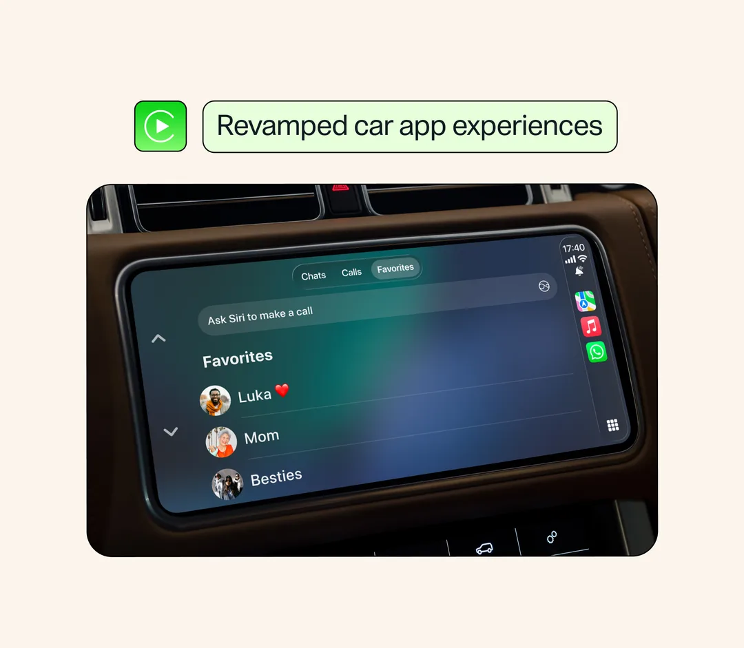 汽車中控屏幕顯示 WhatsApp CarPlay 介面，畫面有對話、通話同最愛聯絡人分頁