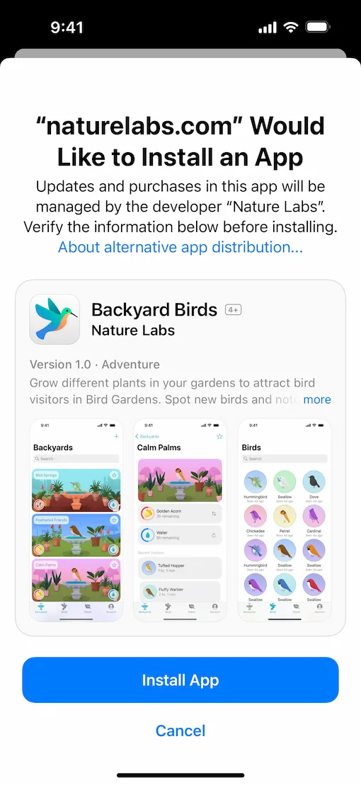 Apple 示範 EU 用家安裝替代分發 app 時見到嘅系統確認畫面