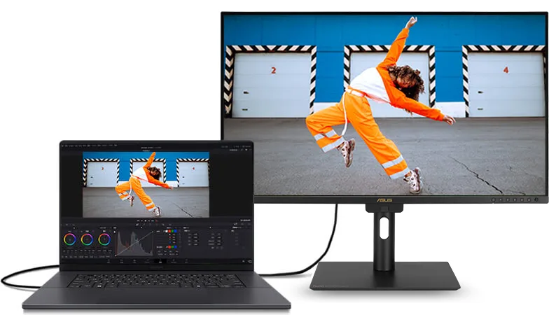 PA27UCGE 用 USB-C 一線傳送畫面、數據同 96W 供電嘅示意圖