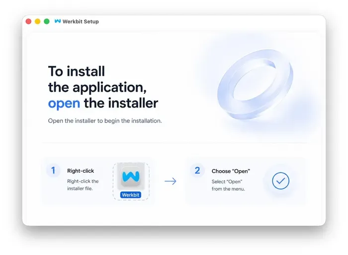 假 Werkbit Setup DMG 引導用戶開啟 Werkbit app