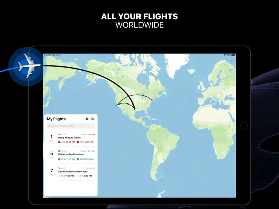 Flighty App Store 截圖,iPad 畫面有世界地圖航線同 My Flights 列表