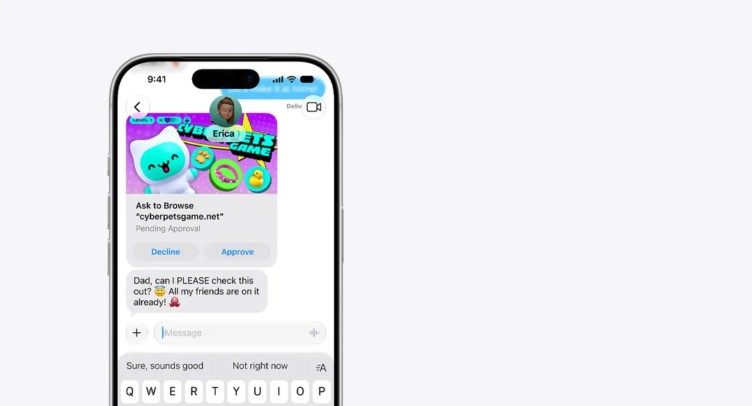 iOS 27 家長經 Messages 批准小朋友瀏覽網站嘅畫面