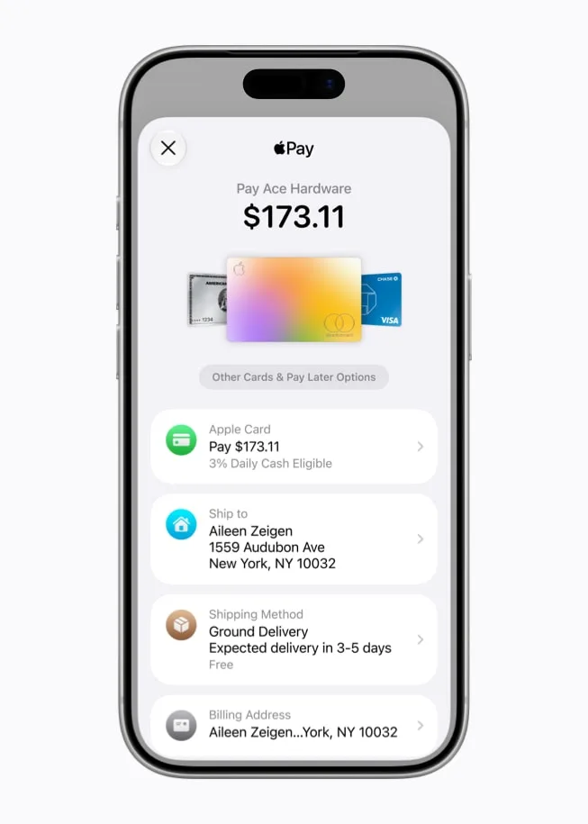 iPhone 顯示 iOS 27 新版 Apple Pay 網上付款畫面同卡片資料