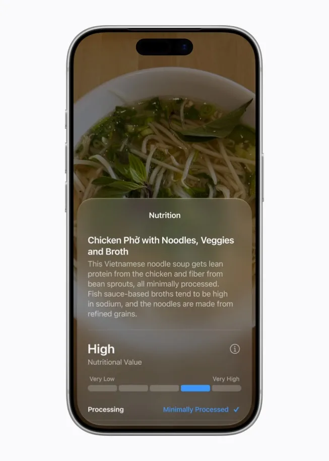 iPhone 畫面顯示 Siri mode in Camera 分析食物營養資料