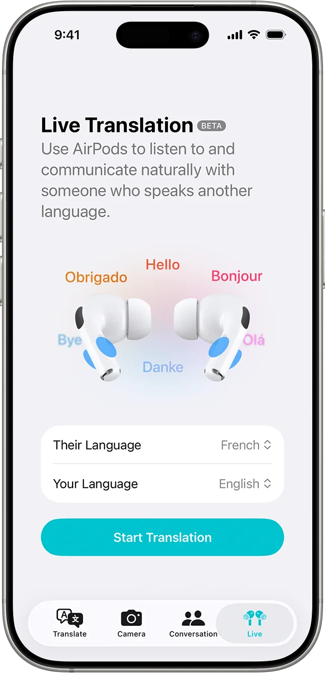 iPhone 上嘅 Live Translation beta 畫面,AirPods 圖像同語言選項喺中間