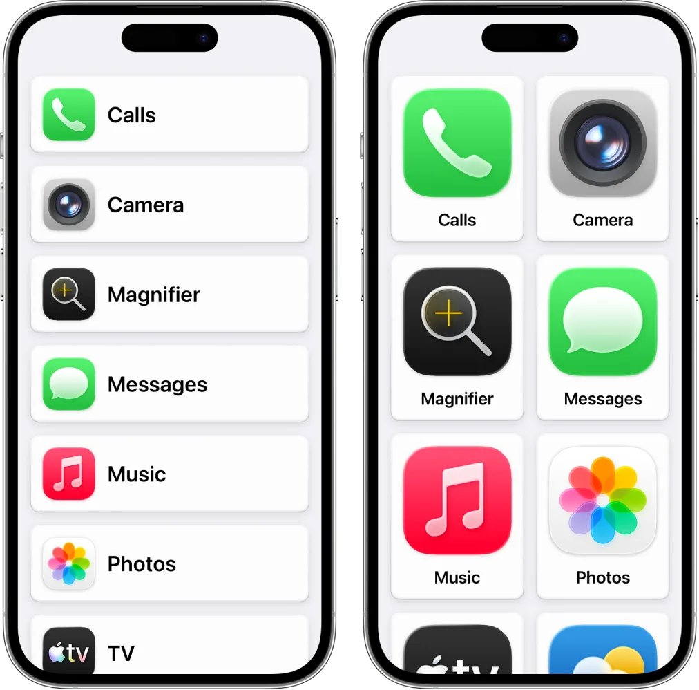 iPhone Assistive Access 用大格仔同列表顯示 Calls、Camera、Messages 等 app