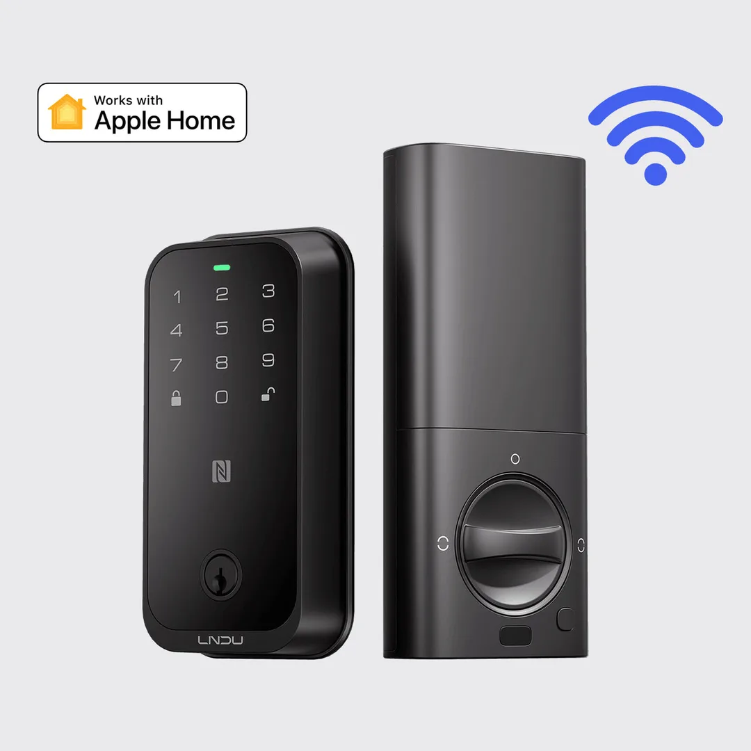 LNDU HK01W 智能門鎖產品圖,旁邊標示 Apple Home 同 Wi‑Fi 等功能