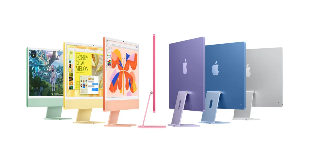 現售彩色 iMac 正面同側面產品圖