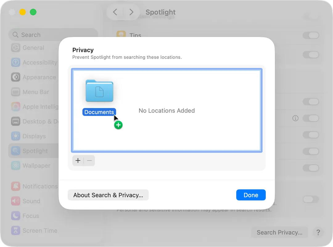 macOS Tahoe 26 系統設定入面嘅 Spotlight 搜尋私隱頁面