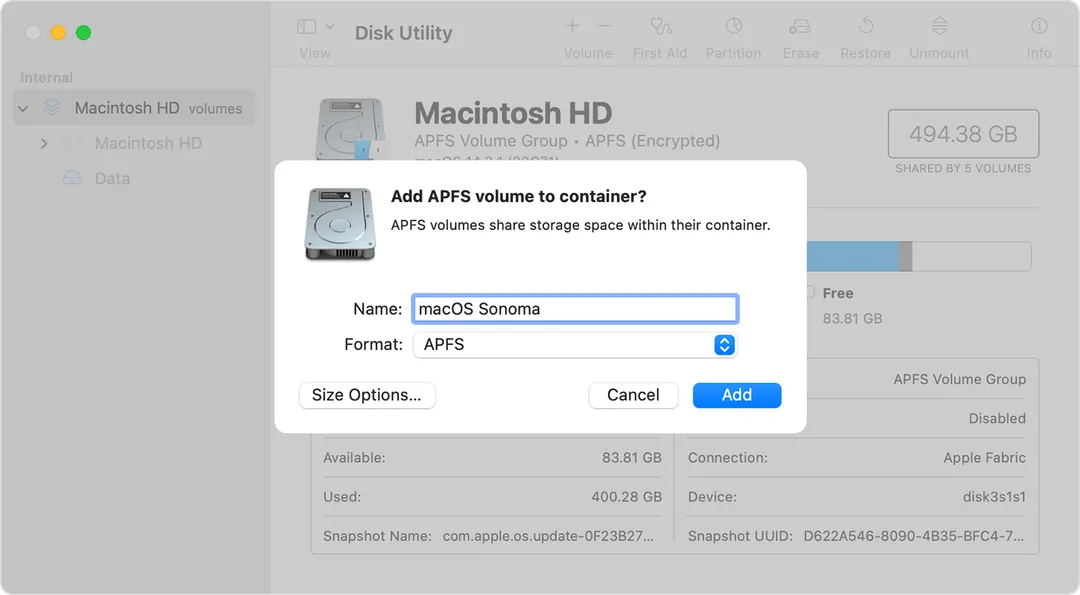 磁碟工具程式新增 APFS volume 嘅官方示意畫面