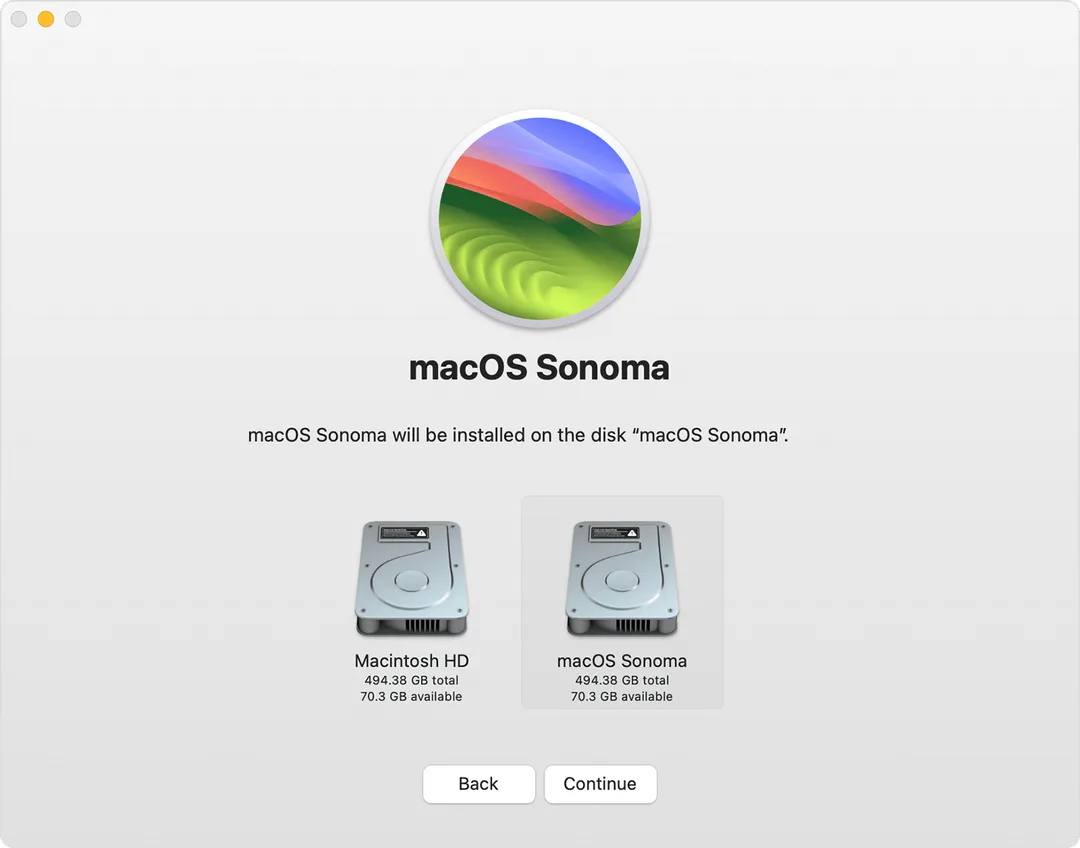 macOS 安裝器選擇獨立安裝磁碟嘅官方示意畫面