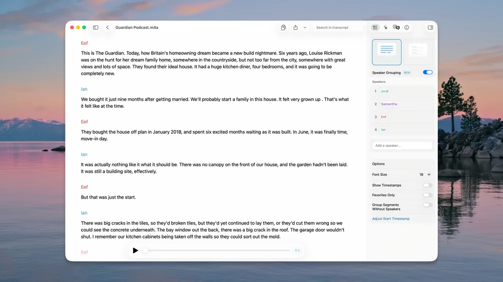 MacWhisper Editor View 顯示逐字稿、講者名同右邊設定欄