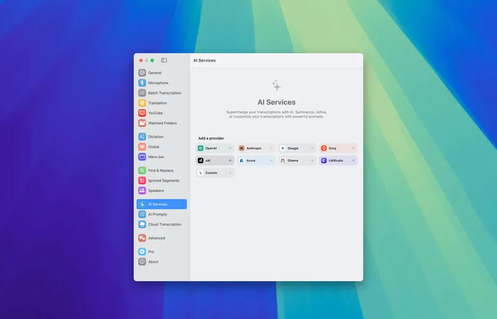 MacWhisper AI Services 畫面列出可以接駁嘅 AI 服務