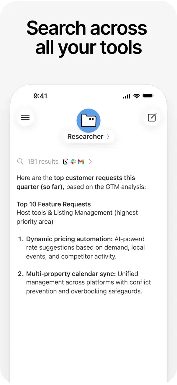 Notion Agents iPhone 截圖,畫面顯示跨 Notion、Slack、Gmail 等工具搜尋結果