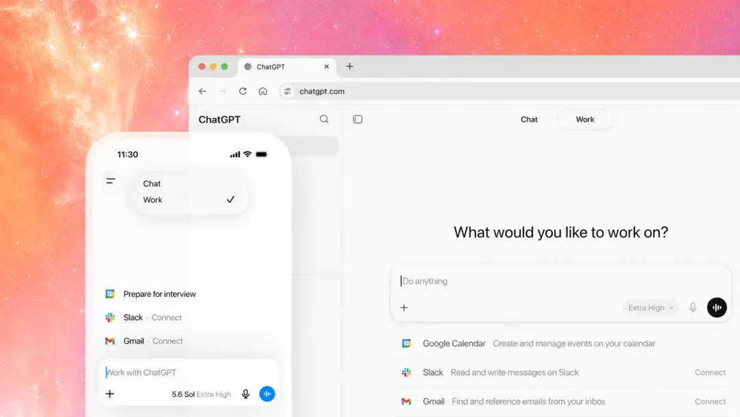 ChatGPT Work 喺手機同電腦介面顯示 Gmail、Slack 同 Google Calendar 連接功能