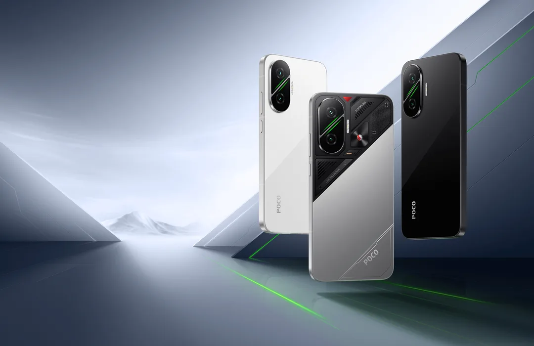 POCO F7 官方圖，三款機身排開展示。
