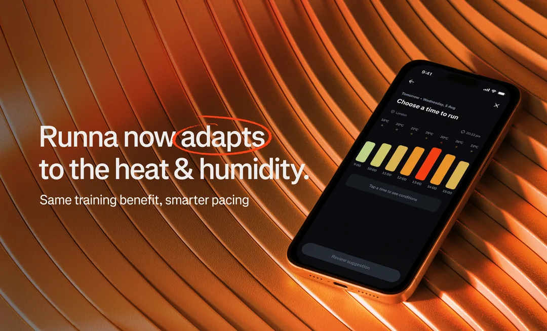 跑手喺戶外跑步，旁邊展示 Runna Adapt for Heat 暑熱配速調整介面