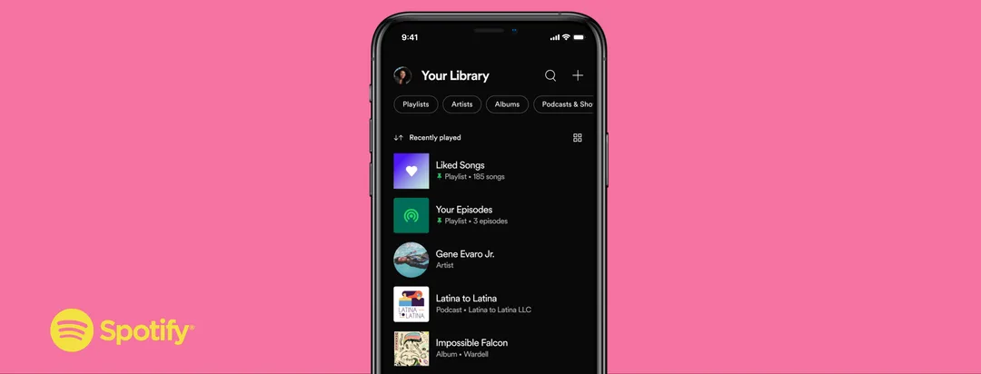 Spotify Your Library 改版宣傳圖,幾部手機畫面顯示收藏同篩選界面