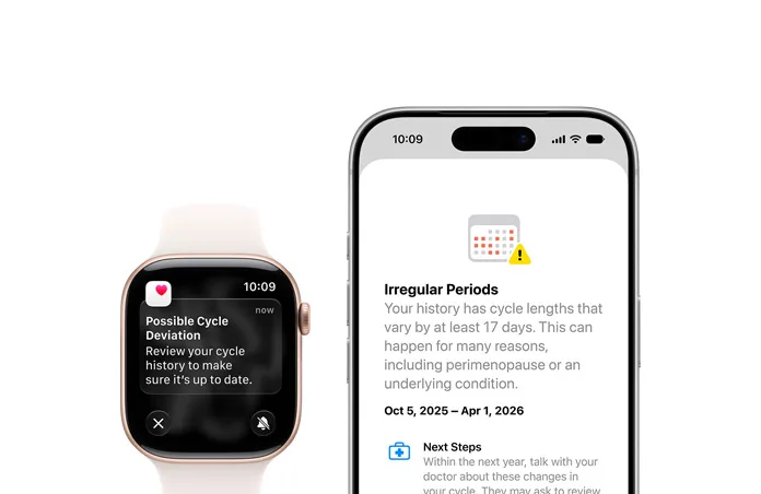 健康 app 經期追蹤畫面顯示可能週期偏差提示。