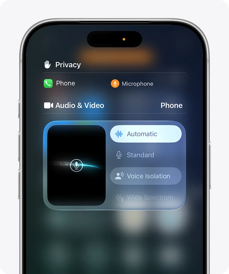 iPhone 音訊與視像控制畫面列出自動、標準、語音隔離同寬廣頻譜模式