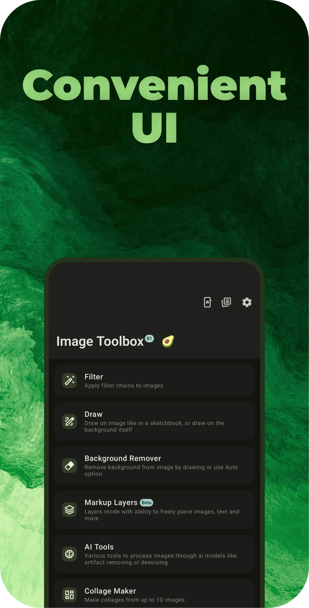 Image Toolbox 手機截圖,見到主頁同多個圖片工具入口