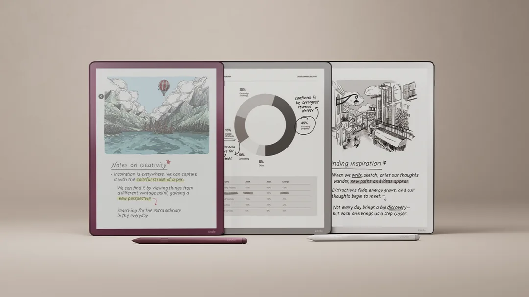 新 Kindle Scribe 系列電子紙裝置,畫面顯示筆記、圖表同手寫內容