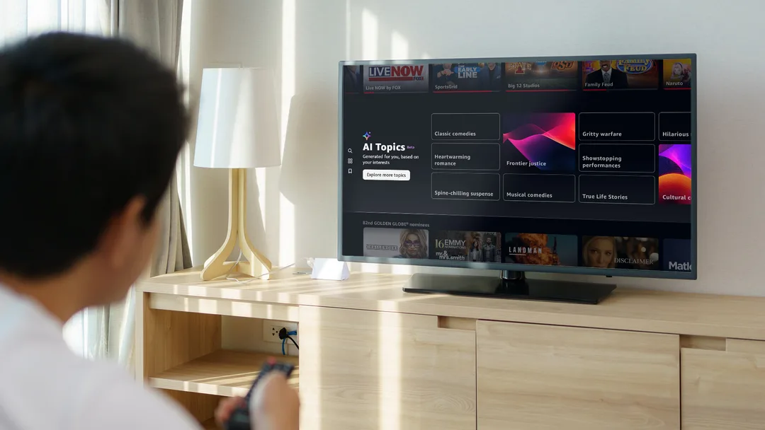 電視畫面顯示 Prime Video AI Topics 個人化主題分類
