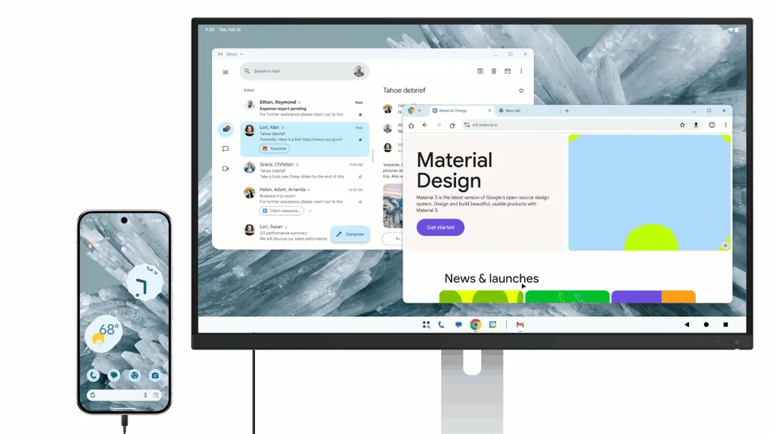 手機接上外置芒後，外置芒顯示 Android desktop session，手機保留自己畫面