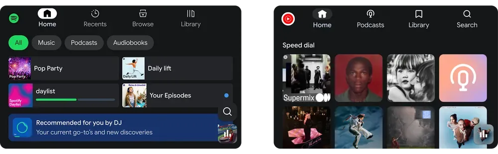 Google 展示 Android Auto 音樂 app 介面更新嘅官方示意圖