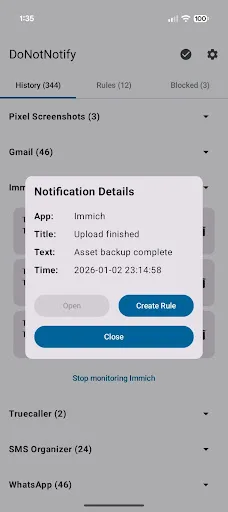 DoNotNotify 顯示通知詳情,畫面有建立過濾規則按鈕