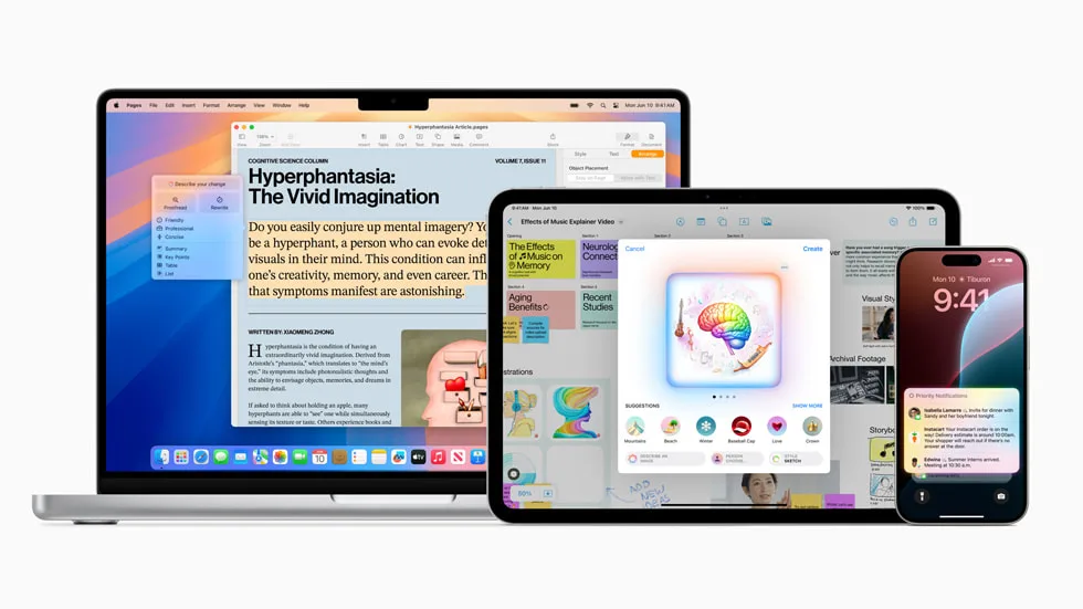 MacBook、iPad 同 iPhone 顯示 Apple Intelligence 功能畫面
