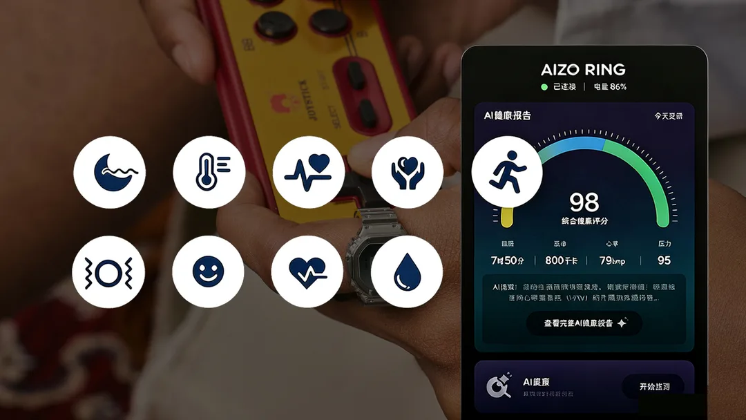 CRW-H001 配合 AIZO RING app 顯示睡眠、體溫、心率同健康報告嘅官方功能圖