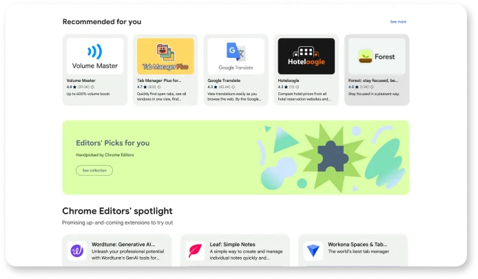 Chrome Web Store 官方頁面展示擴充功能推薦畫面