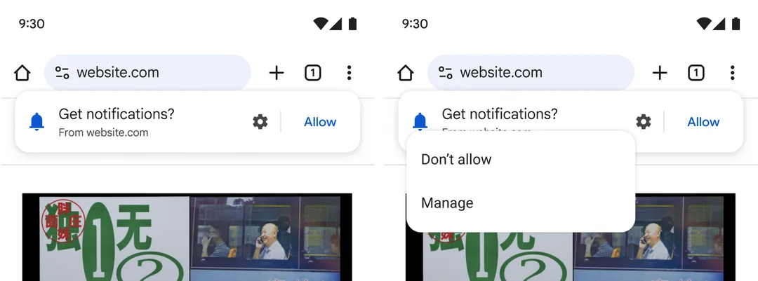 Chrome 155 喺 Android 網址列下面顯示輕量網站通知提示,設定掣內有拒絕同管理選項