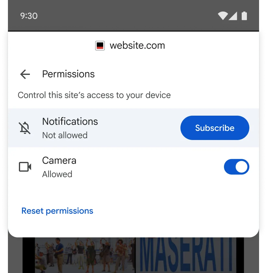 Android 版 Chrome 網站權限介面加入 Notifications 訂閱按鈕