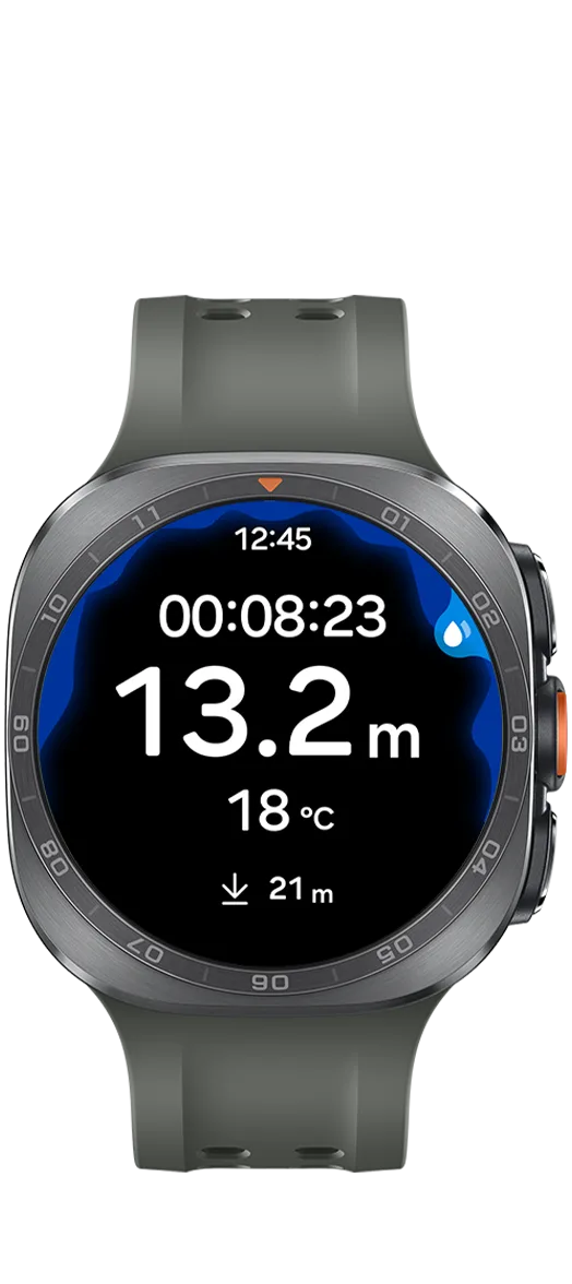 Galaxy Watch Ultra 2 屏幕顯示水深、潛水時間同水溫資料